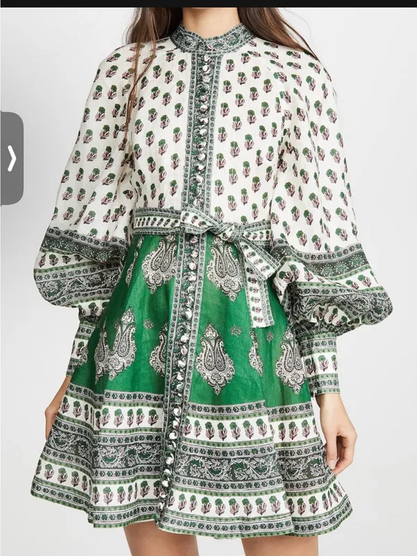 NWOT Zimmermann Green and White Printed Balloon-Sleeve Mini Dress - Image 2