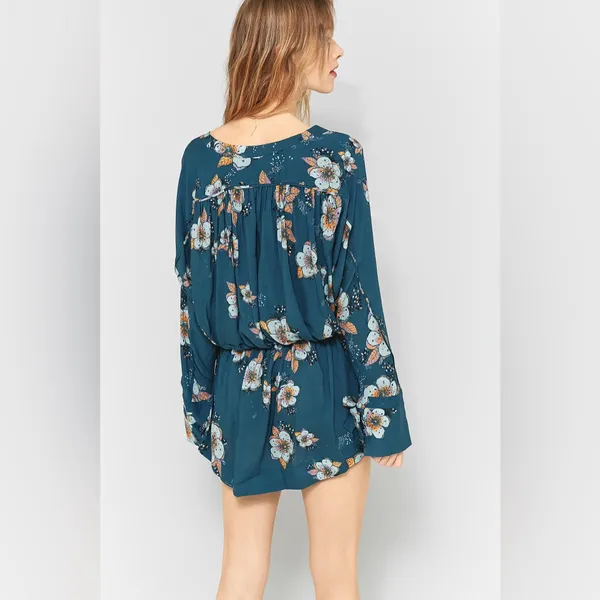 Free People Tuscan Dream Floral Tunic Dress V neck Blouse Teal Long Sleeve Femme - Image 4