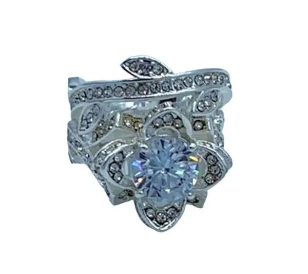 NEW flower fashion ring w/leaf wedding band set 7 - Image 2