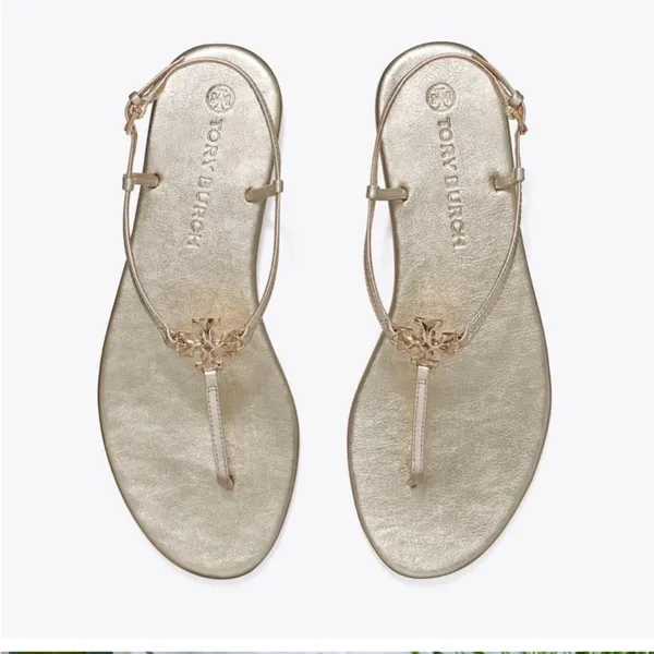 TORY BURCH Capri Strap Sandal Spark Gold Size 8 T-Strap Thong Metallic Logo - Image 2