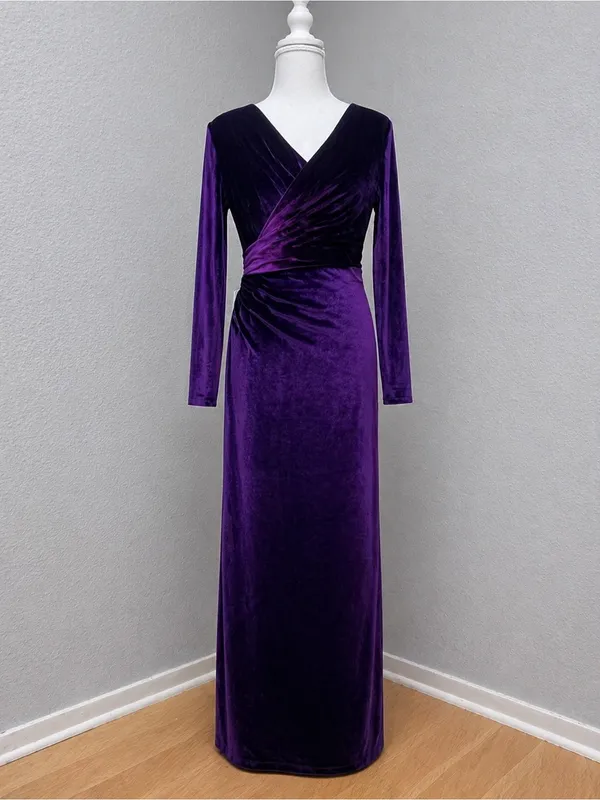 #678 Purple Velvet deep v neckline. Faux wrap-style maxi dress - Image 3
