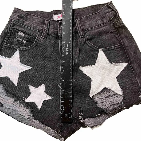 Black Distressed Denim Cut Off Short‎ Embellished W/Stars Patriotic NWT 24 - Image 2