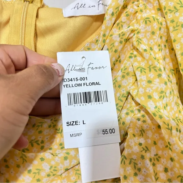 All In Favor Sasha Floral Ruched Mini Dress Yellow Puff Sleeve L NWT - Image 6