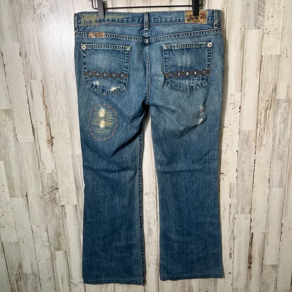 Vintage Y2k July 25 Patchwork Boho Embroidered Distressed Flare‎ Jeans Womens 31 - Image 5