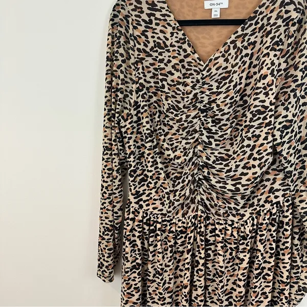 On 34th Tan Leopard Print Long Sleeve Midi Dress Ruched Bodice Size XXL Women's - Image 2