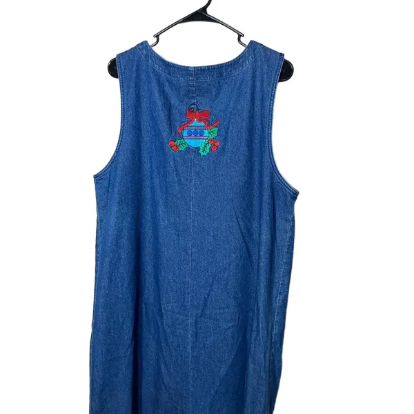 Westbound‎ Vintage Christmas Denim Maxi Dress Button Front Embroidered L - Image 8
