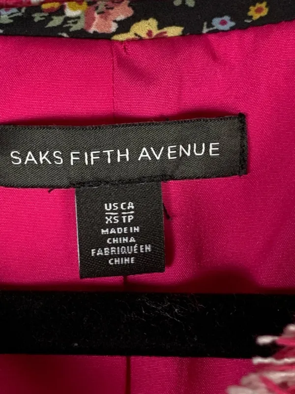 Saks Fifth Avenue Tweed Jacket XS Pink Frayed Trim Open Front Blazer - Image 9
