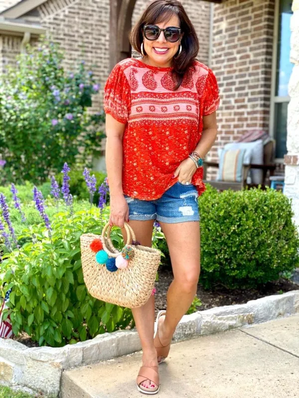 Free People Paisley Puff-Sleeve T-Shirt in Fruit Punch Combo - Image 8