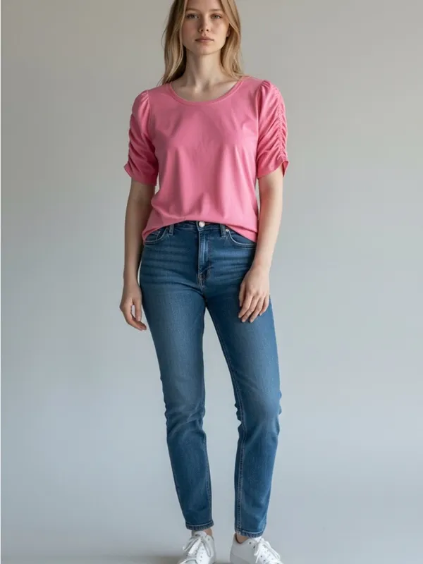 Kate Spade Pink Ruched Puff-Sleeve Short Sleeve Tee large - Image 2