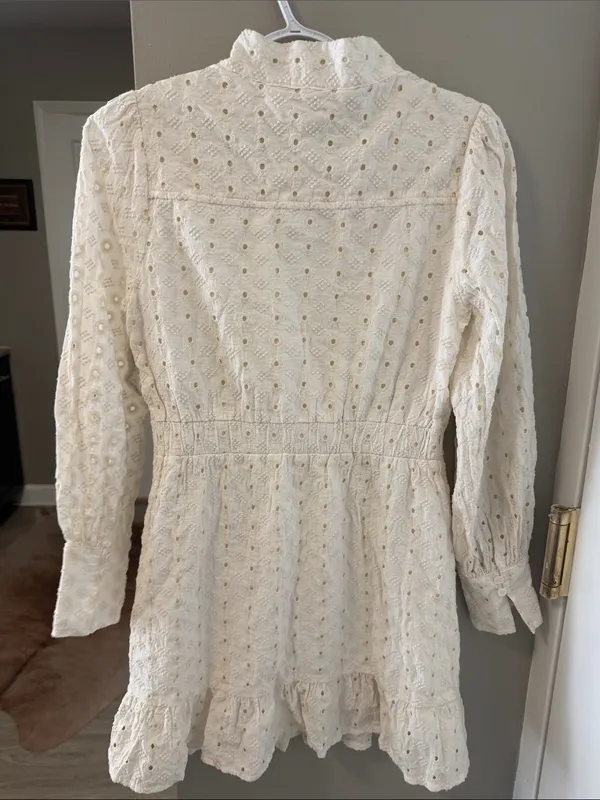 $198 Karlie Cream Eyelet Button-Front Ruffle Mini Dress M - Image 9