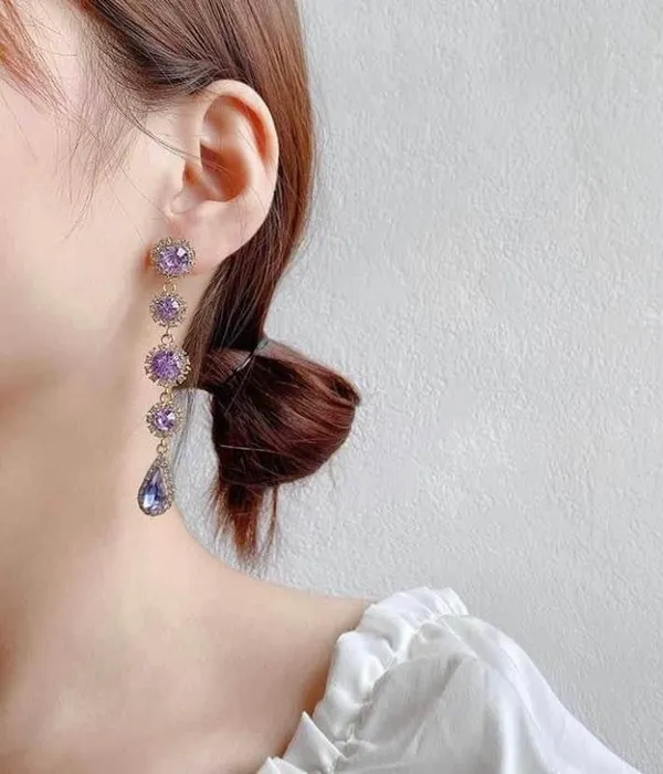 Women's Purple Crystal Teardrop Long Dangle Drop Earrings - Image 3