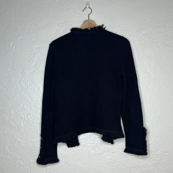 NIC+ZOE Womens Black Fringe Trim Open Front Knit Jacket XS Snap Cuff Pocket - Image 5