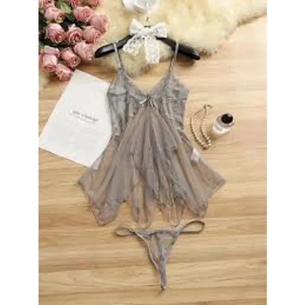 SEXY Mesh Lace TWO PIECE LINGERIE Set FAIRY BABYDOLL One Size S M L Gray - Image 2