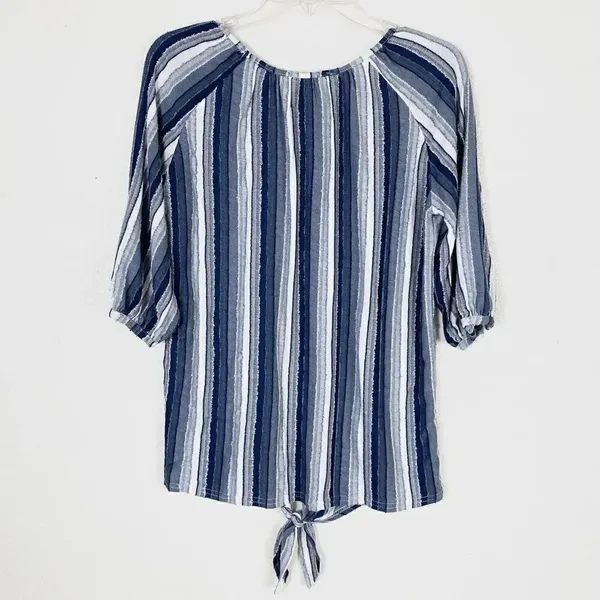 Rain Chambray Blue Striped Knot Hem Half Sleeve Blouse Blue Size M - Image 5