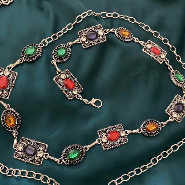 Silver Y2K Multicolor Jewel Whimsygoth Chain Belt, Fits 27-55 Inches, X7GA1416 - Image 7