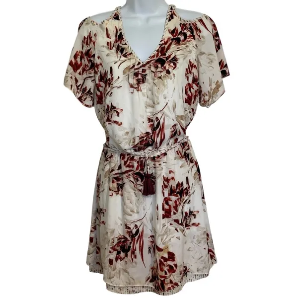 WHITE HOUSE BLACK MARKET Cold Shoulder Wine and White Floral Mini‎ Dress EUC 00 - Image 2