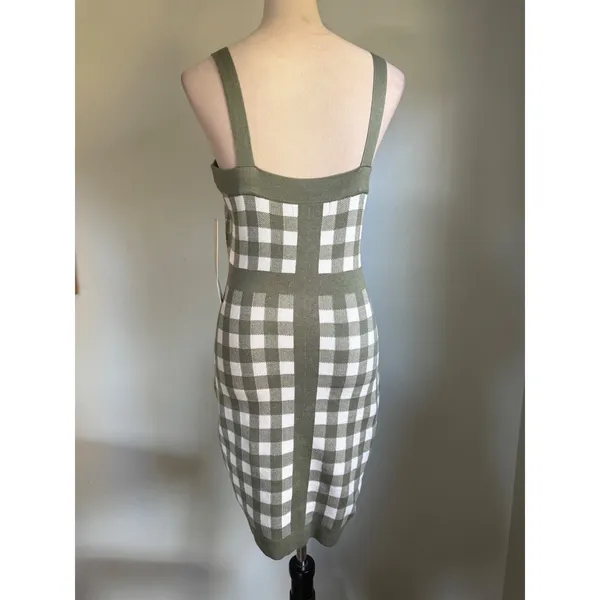 Coco and Shay Olive Green Gingham Knit Bodycon Dress Gold Buttons M NWT dainty - Image 6