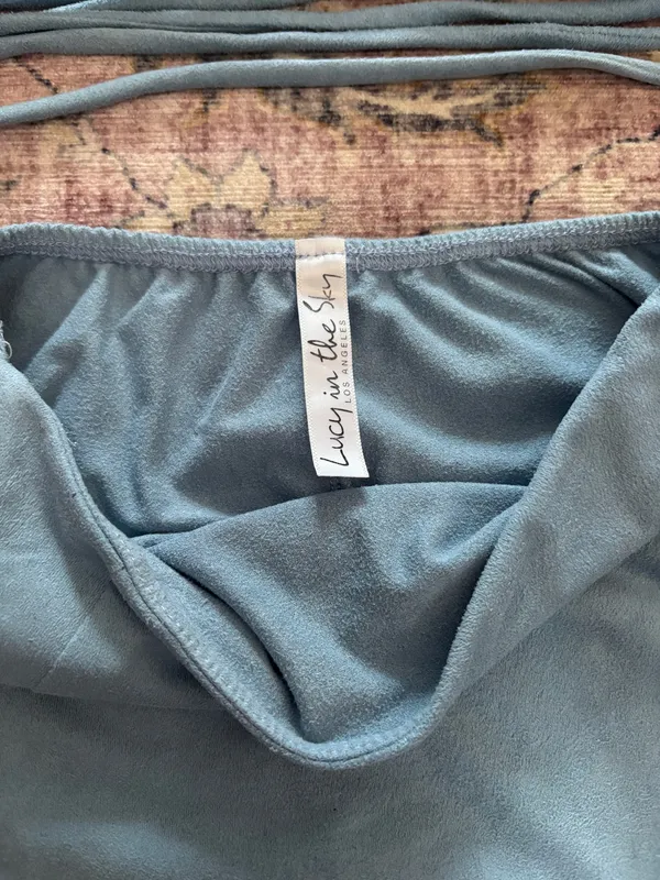 Lucy in the Sky Suede Two-Piece Baby Blue Set Skirt and Tie Around Top - Image 4