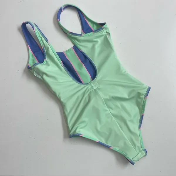Fabletics Swimsuit Leotard Striped Tie Front Back Scoop Back Green Blue Pink - Image 10