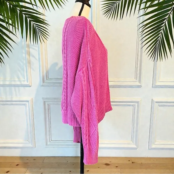 POL Medium Hot Pink Cable Knit V-Neck Sweater – Flamingo Vintage Washed Look - Image 3