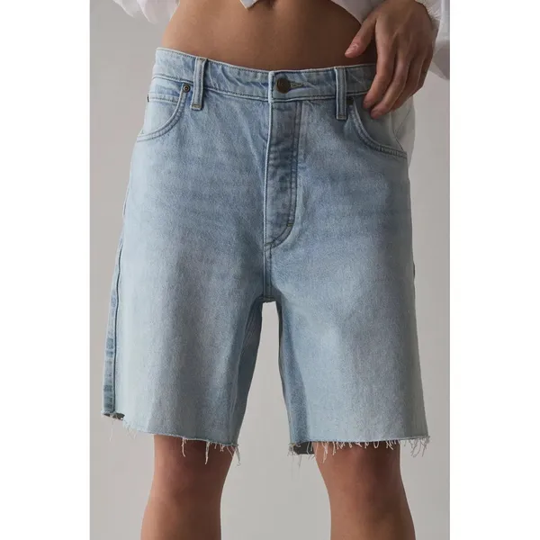 Lee Mid-Rise Slouch Bermuda Denim Shorts Light Wash Raw Hem Button Fly 24 - Image 2