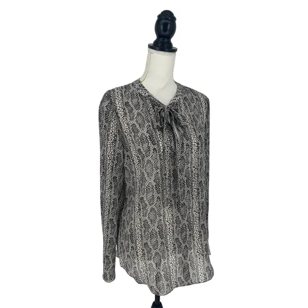 Theory Kinarys Black White Snake Print Silk‎ Tie Neck Blouse Size M - Image 8