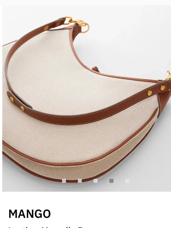 Mango MNG NWOT cognac brown leather Canvas Hobo Shoulder Bag in Beige and Brown - Image 5