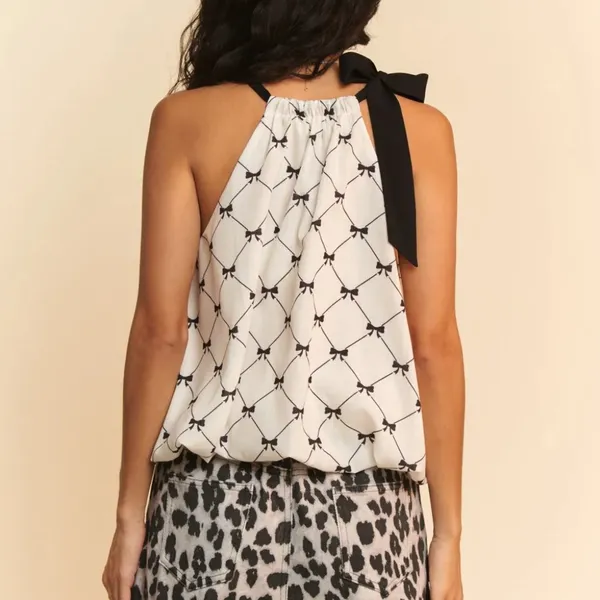 Davi & Dani Ribbon Checker Printed Tie Halter Neck Blouse Top‎ - Image 6