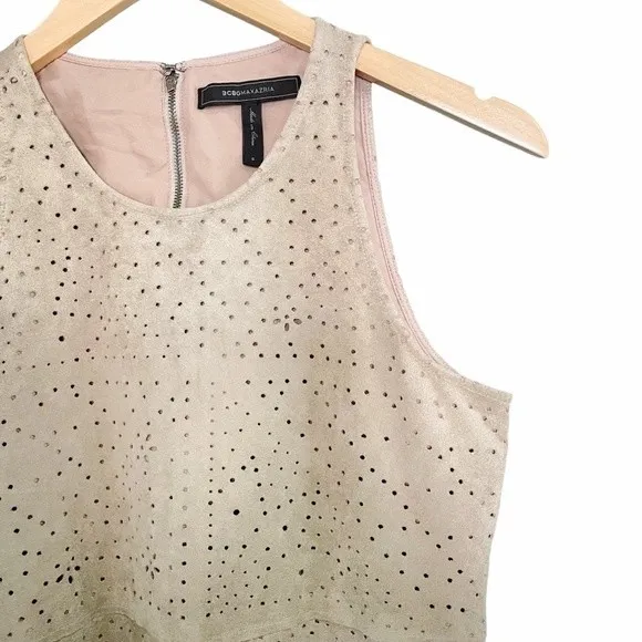 BCBGMAXAZRIA Caralyn Top Size Small Faux Suede Perforated Peplum Y2K Beige - Image 8