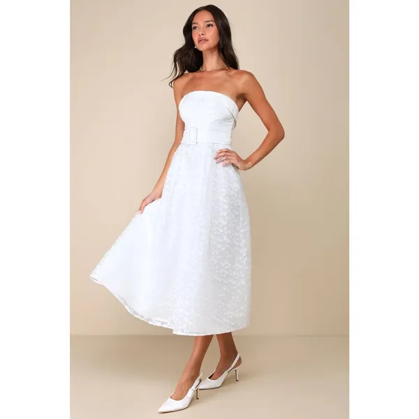 NWT Lulus Enviable Grace White Burnout Strapless Belted Midi Dress Wedding Sz L - Image 3