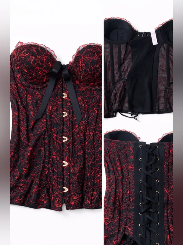 Savage X Fenty Black Red Lace Corset Bustier Top Lace-Up Back Size M - Image 2