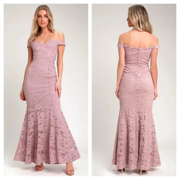 NWT Lulus Swept Up Maeve Pink Lace Off-the-Shoulder Mermaid Maxi Dress Medium - Image 3