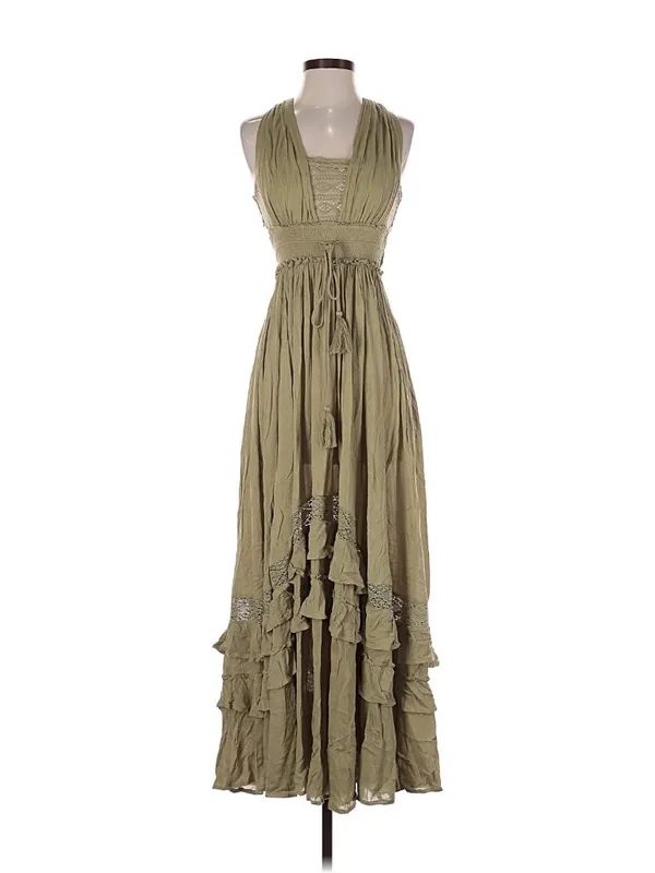 NWT Free People Santa Maria Maxi in Olive Green Crochet Lace Trim Dress XS - Image 5