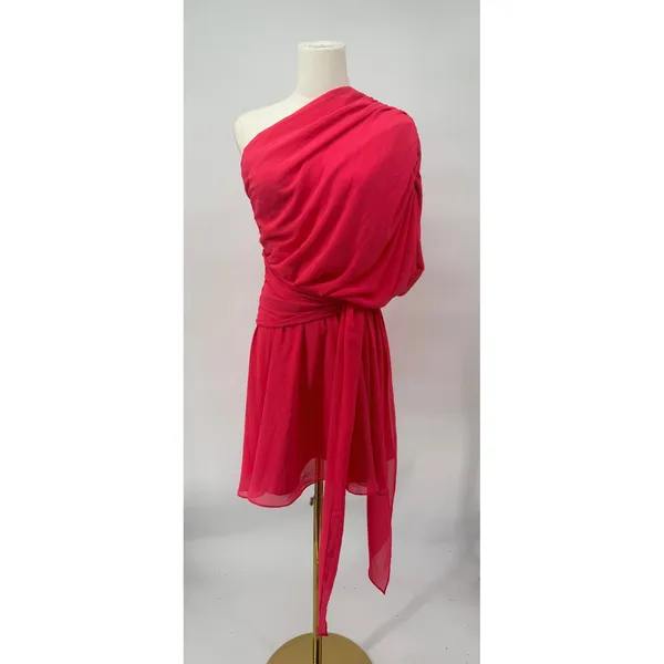 Amanda Uprichard Galleria Mini‎ Dress Watermelon Pink One Shoulder Chiffon Small - Image 3