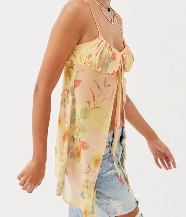 Urban Outfitters Angelic Longline Flyaway Cami Floral Sheer Tie-Front Top Fairy - Image 2
