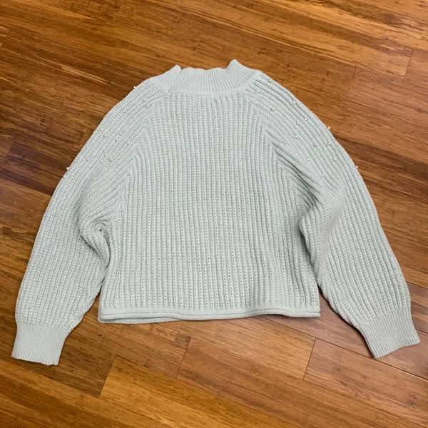 Originality Pearl Embellished Mock‎ Neck Sweater Light Blue Size Large Oversize - Image 4