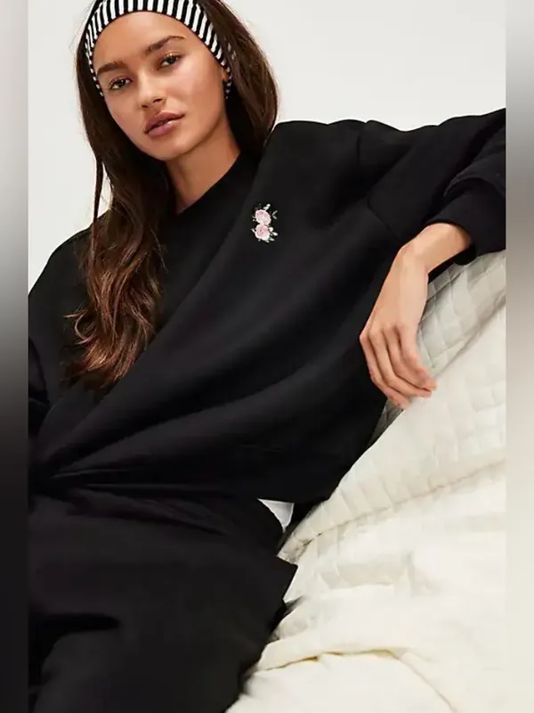 FOR LOVE & LEMONS Julie Crewneck Sweatshirt Embroidered Rose Relaxed Fit XS - Image 5