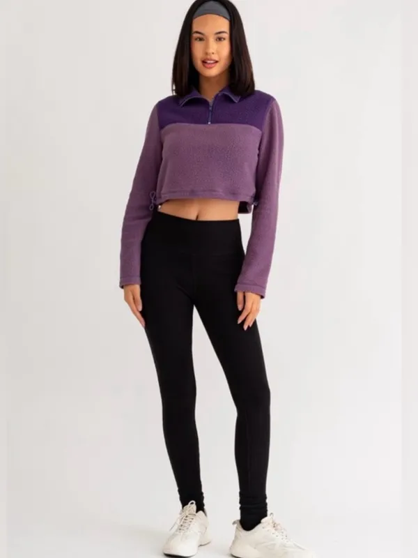 Le Lis Purple Colorblock Cropped Fleece Half Zip Pullover Medium NWT - Image 2