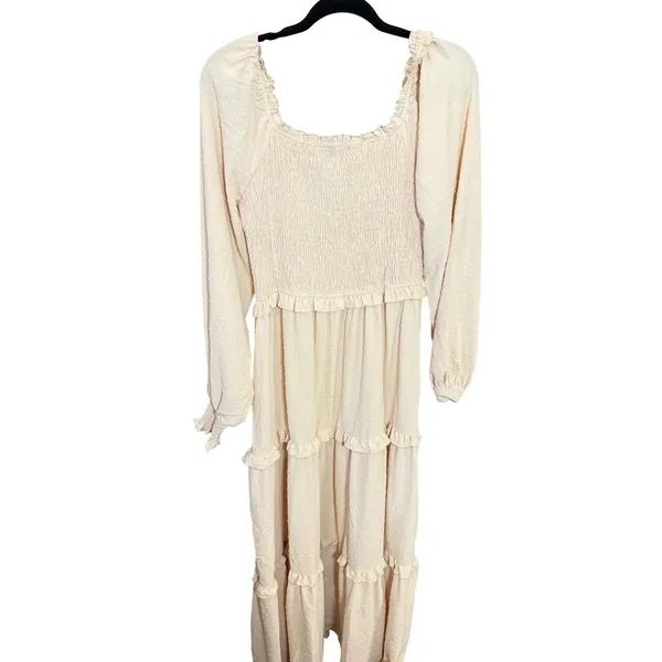 PrettyGarden Cream‎ Swiss Dot Smocked Tiered Maxi Dress Long Sleeve Beige Medium - Image 3