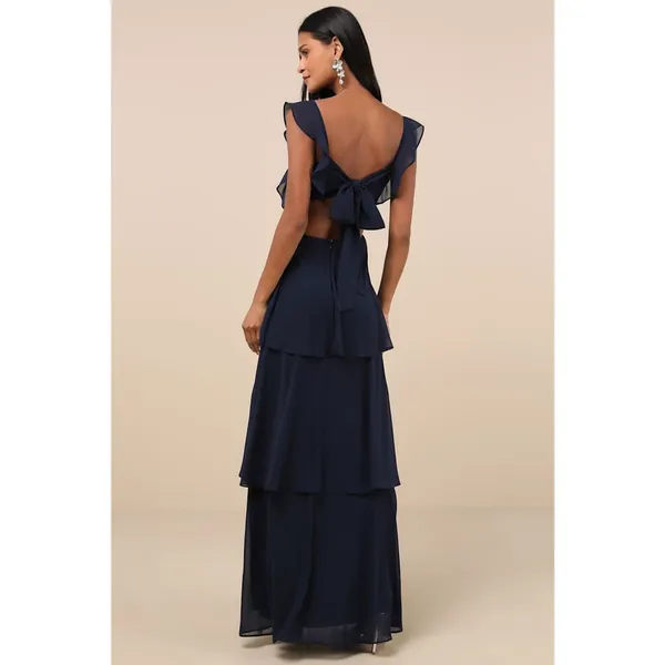 Lulus Elegant Event Navy Ruffled Tie-Back Tiered Maxi Dress Holiday Party Small - Image 3