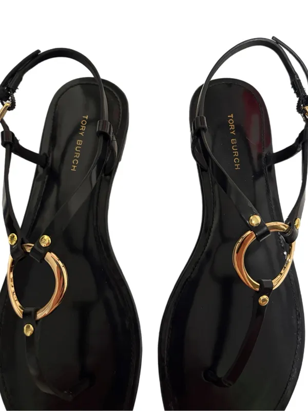 Tory Burch Ring T-Strap Sandal Black/Gold Size 7.5 Like New - Image 3