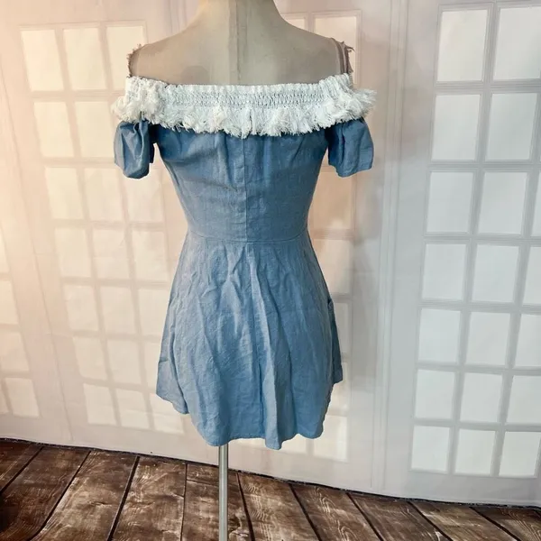 Reformation button down mini denim dress with white fringed off the shoulder nec - Image 6