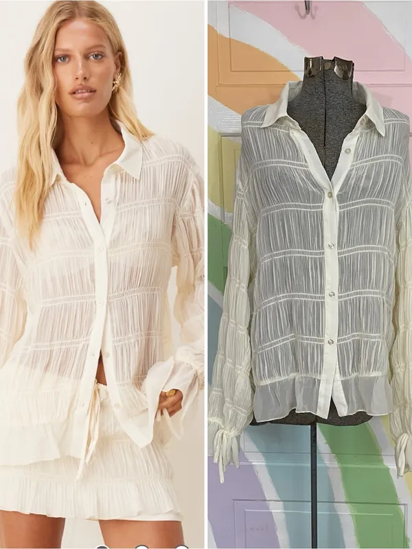 SNDYS La Louisiane Shirred Sheer Flare Sleeve Cream Button Front Top Sz M 💛🎀 - Image 3