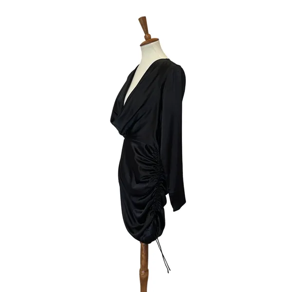 Revolve Black Ruched Mini Dress LARGE Cocktail Cowl Satin More to Come $88 NEW - Image 5
