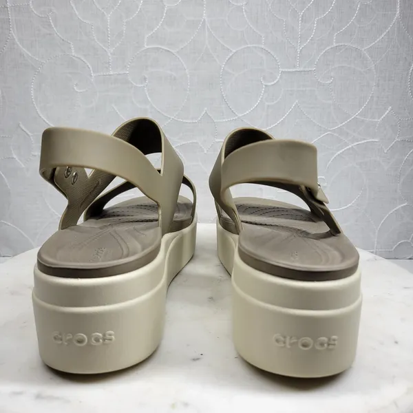 Crocs Brooklyn Low Wedge Sandals Size 8 Mushroom LiteRide Slingback Two Strap - Image 6