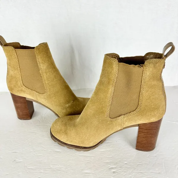 Tory Burch Stafford Suede Ankle Boots Size 8 Tan Beige Pull On Wood Block Heel - Image 4