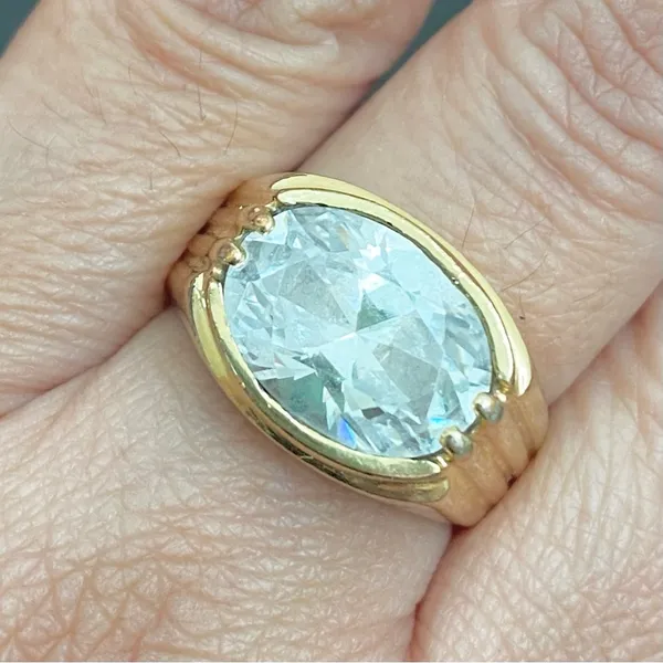 Vintage 18KGERSC Signed Gold-tone Oval CZ Stone Fashion Ring Size 10 - Image 3