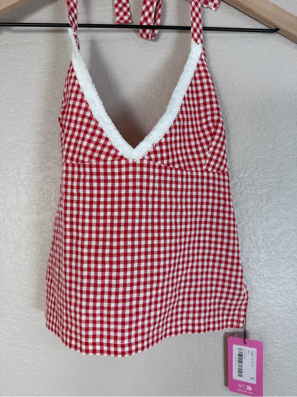 Edikted Charmaine Open Back Gingham Halter Top Red White Small NEW $31 - Image 8