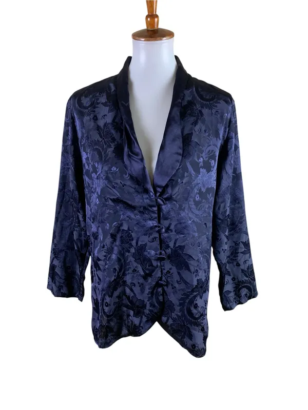 Victoria’s Secret Vintage S Navy Satin Jacquard Floral Pajama Top Button Front - Image 2