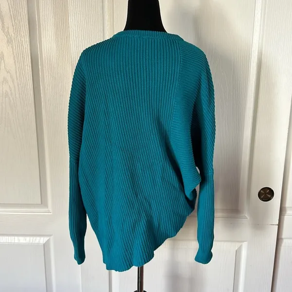 Free People Downtown Teal Blue Knit Asymmetrical Pullover Sweater - Image 5